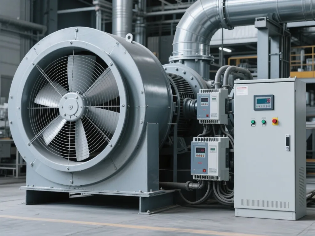 Large industrial ventilation vfd fan controlled by a VFD panel in HVAC system
