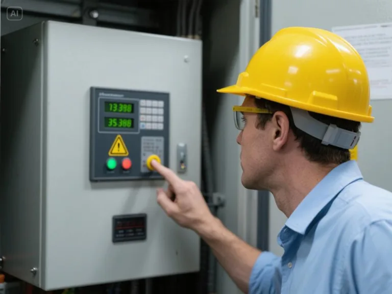 Technician diagnosing VFD fault code on variable frequency drive panel