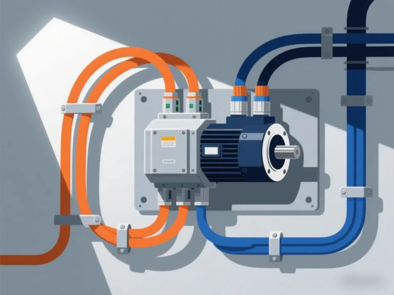 Servo motor connected to VFD system illustrating VFD cable overheating prevention and proper motor wiring installation
