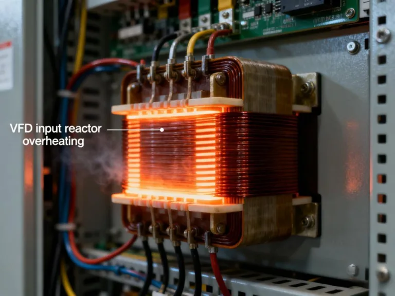 Industrial VFD input reactor overheating with magnetic saturation and humming noise during operation, highlighting braking resistor temperature rise.