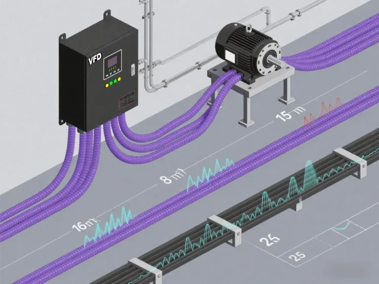 Industrial motor and VFD system with highlighted VFD cable length impact, showing overcurrent fault and motor insulation stress.