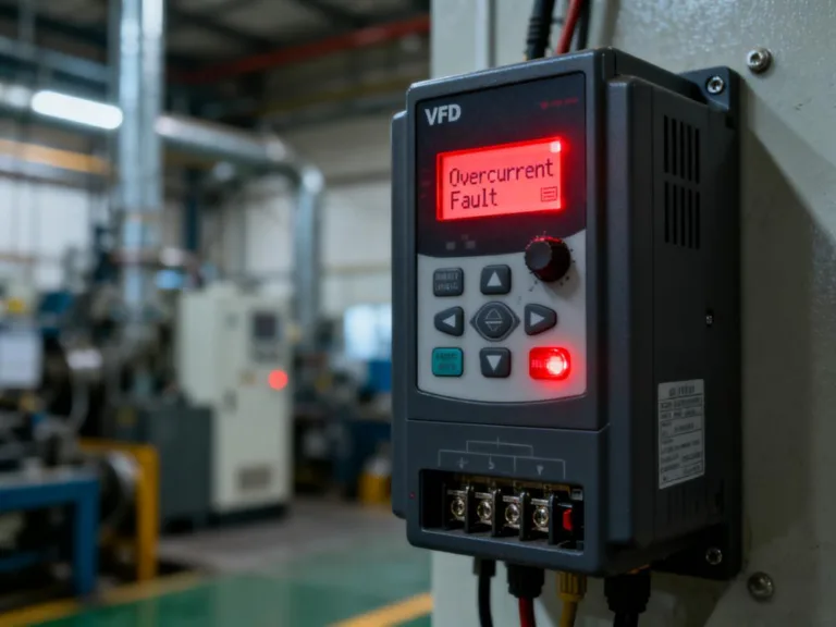 VFD Overcurrent Faults — industrial VFD cabinet with warning indicator in factory setting