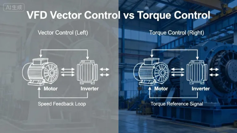 VFD vector control vs torque control comparison showing speed and torque regulation principles