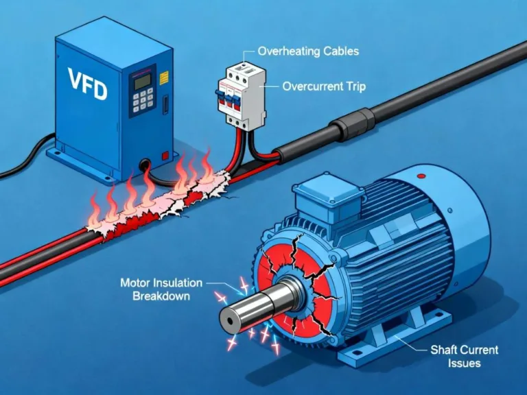 Illustration of VFD long cable risks including overcurrent, overheating, shaft current, and insulation breakdown in variable frequency drive systems.