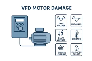 digital illustration showing VFD motor damage with voltage spikes, bearing current, insulation failure, and overheating around an industrial AC motor