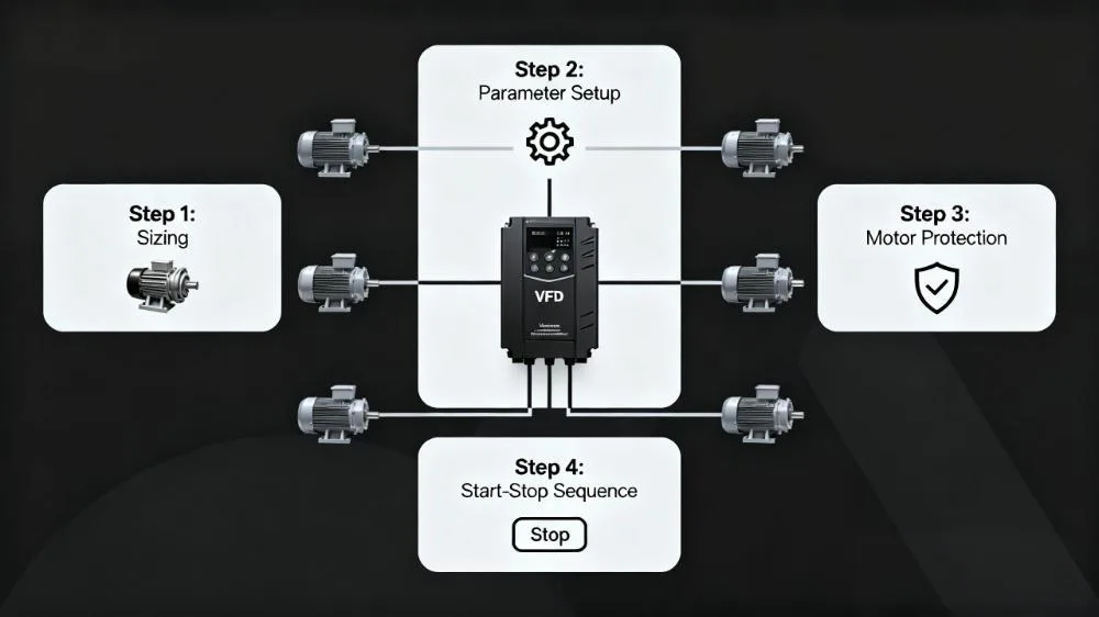 flowchart showing multiple motors on one VFD setup — from power calculation, parameter setting, protection, to sequential start-stop process
