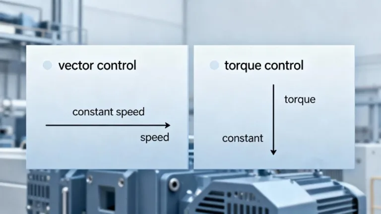 Vector Control vs Torque Control illustration showing VFD speed and torque regulation.