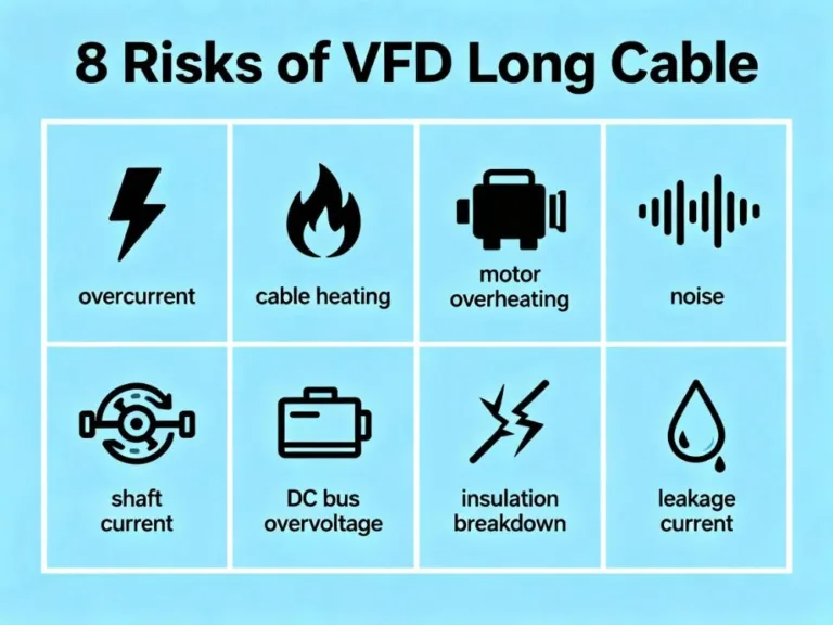 Diagram highlighting 8 risks of VFD long cable: overcurrent, cable heating, motor overheating, noise, shaft voltage, DC bus overvoltage, insulation failure, leakage current.