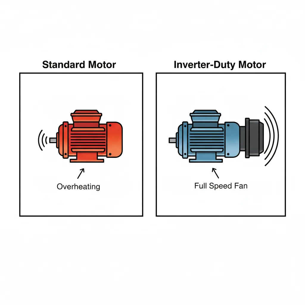 A visual comparison between a standard motor overheating at low speed due to its slow shaft-mounted fan, and an inverter-duty motor staying cool thanks to its independent, constant-speed cooling fan.