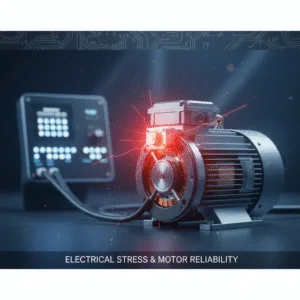 Cover image for an article on VFD motor failure, showing a VFD connected to an electric motor that has a glowing hotspot and electrical arcs, symbolizing the potential for damage.