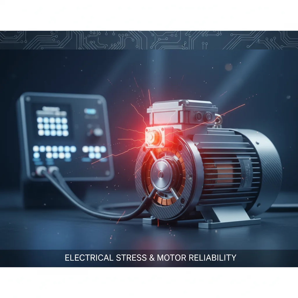 Cover image for an article on VFD motor failure, showing a VFD connected to an electric motor that has a glowing hotspot and electrical arcs, symbolizing the potential for damage.