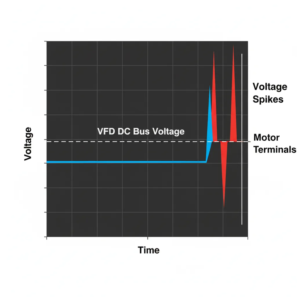 A graph illustrating the reflected wave phenomenon in long VFD-to-motor cables, showing how PWM pulses create voltage spikes at the motor terminals that significantly exceed the VFD's DC bus voltage.